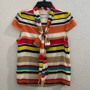 ALICE + OLIVIA Designer Stripe Multicolor Front Tie Short Sleeves Blouse Tops SP